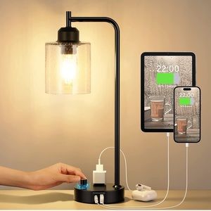 Industrial Bedside Table Lamp for Bedroom - Nightstand Lamps with USB C Charging